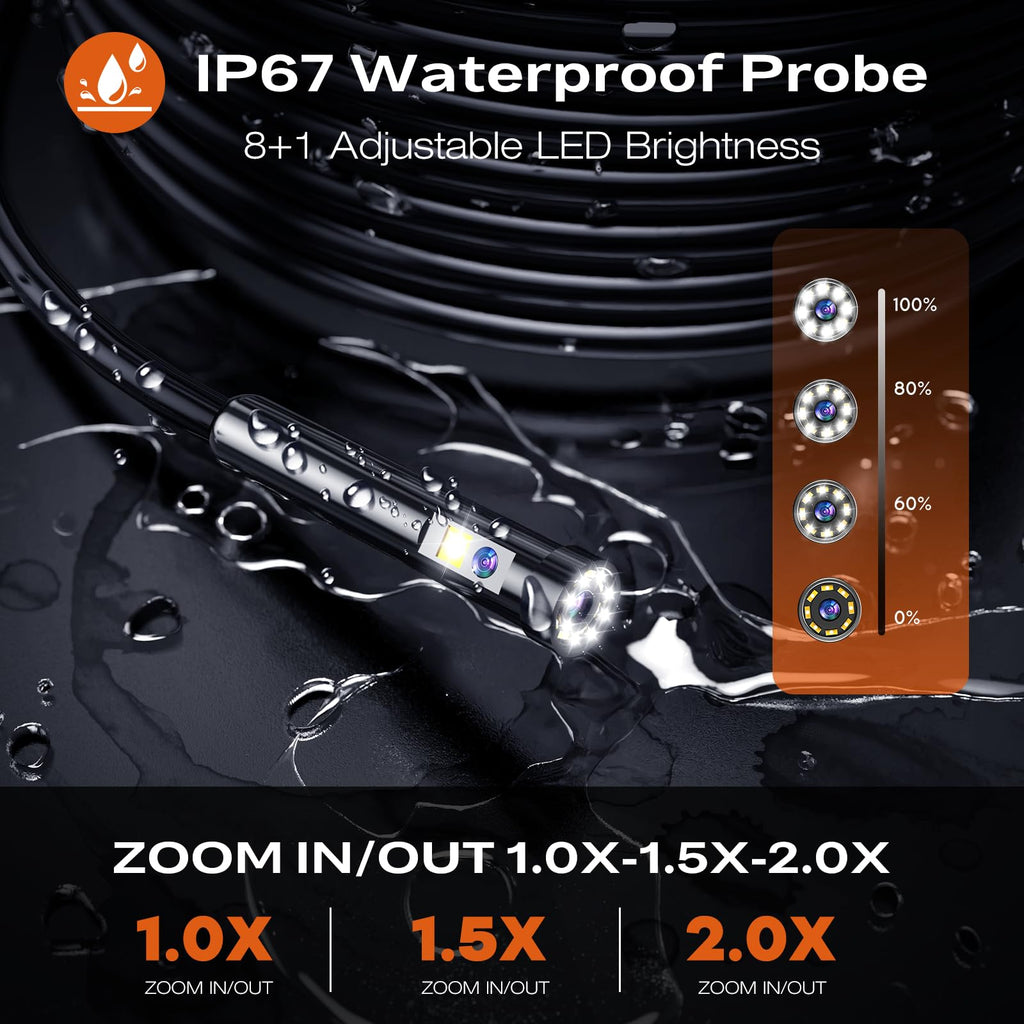 Borescope Dual Lens Endoscope Camera with Light, 4.3" IPS 1920P HD Inspection Camera, 7.9mm IP67 Waterproof with 8+1 Adjustable LEDs, 16.5FT Semi-Rigid Snake Cable for Mechanic, Cool Gadgets for Men