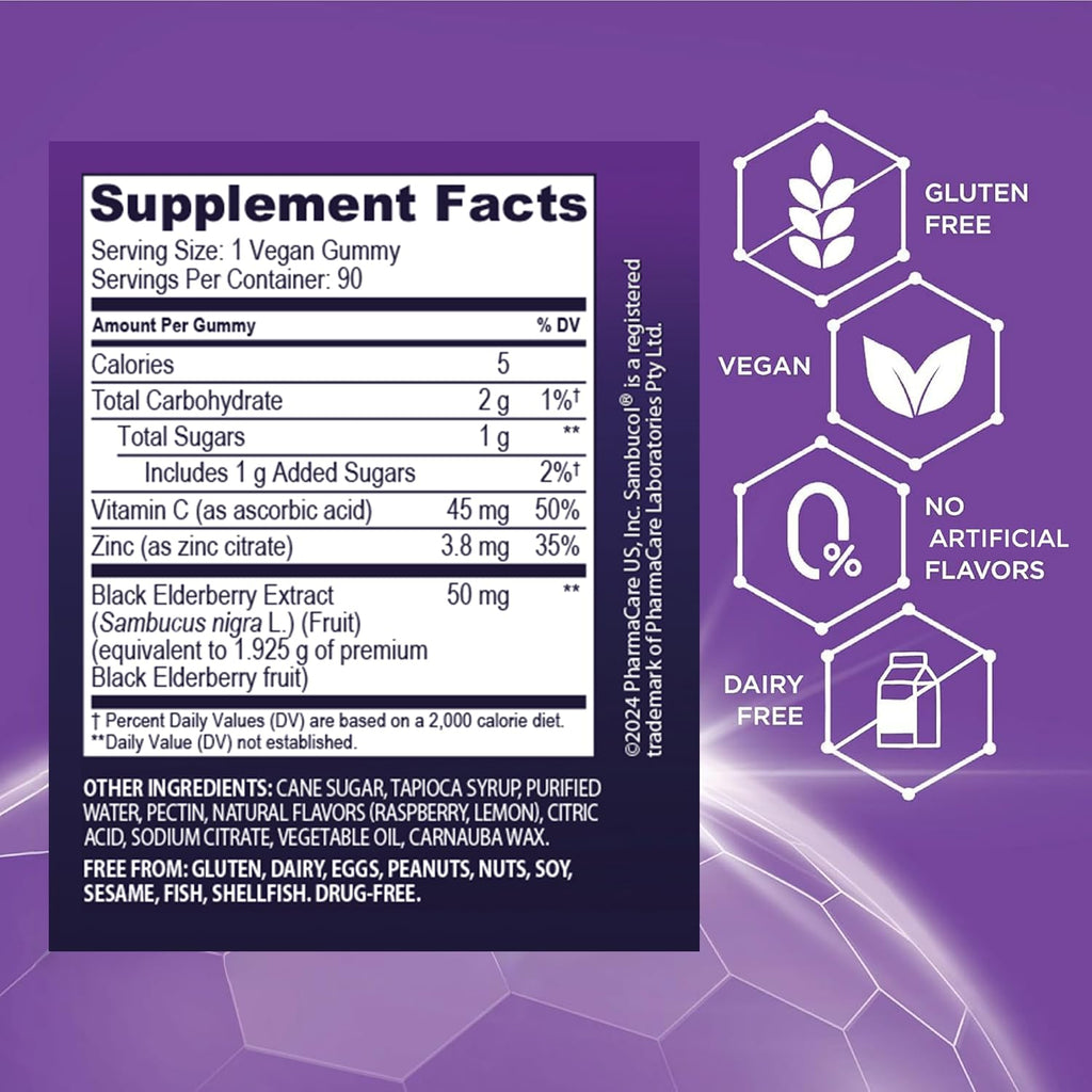 Sambucol Elderberry Gummies - Immune Support Supplement for Adults & Kids with Vitamin C & Zinc, Sambucol Elderberry are High in Antioxidants, Gluten Free, Vegan - 90 Count