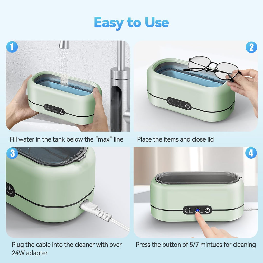 BYASKZIV Ultrasonic Jewelry Cleaner, 50KHz Ultrasonic Cleaner Machine with 304 Stainless Steel for Jewelry, Eyeglasses, Rings, Watch Strap, Dentures, Dual Cleaning Modes - Green