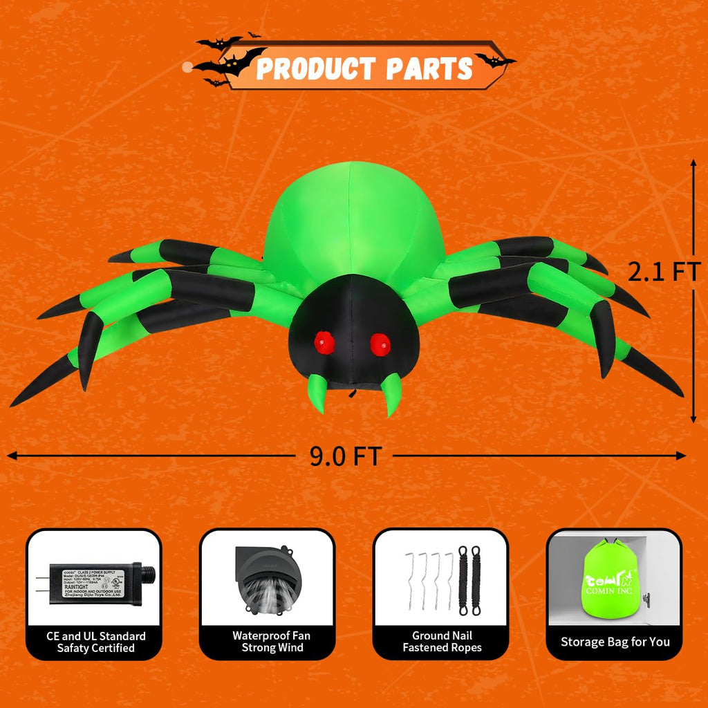 COMIN 9FT Halloween Inflatables Decorations Green Spider Yard LEDs Decor