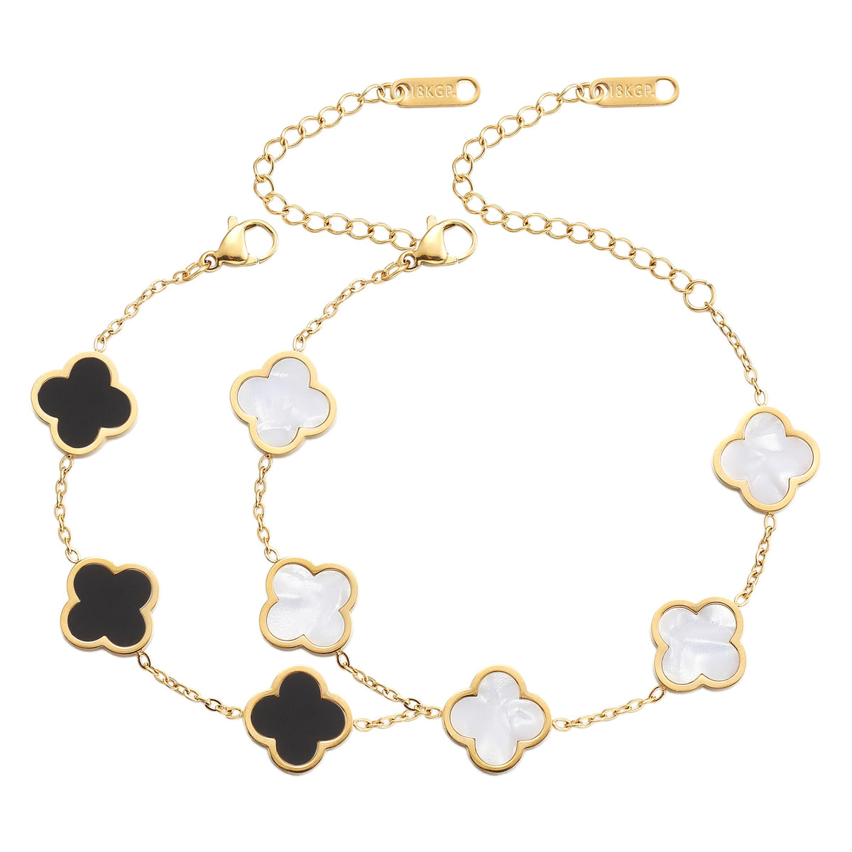 AIPPK 18K Gold Plated Clover Lucky Bracelet for Women White/Black/Red/Green Flower Four Leaf Link Bracelets Trendy Jewelry Gifts for Women (White+Black)