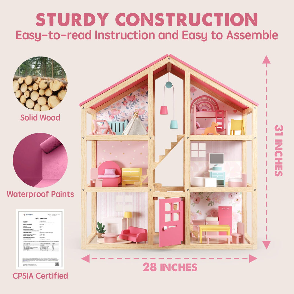 Tiny Land Wooden Dollhouse for Girls - 6 Rooms Wooden Doll House, DIY Pretend Doll House with 31Pcs Furniture Accessories, Creative Gift for Girl Ages 3+