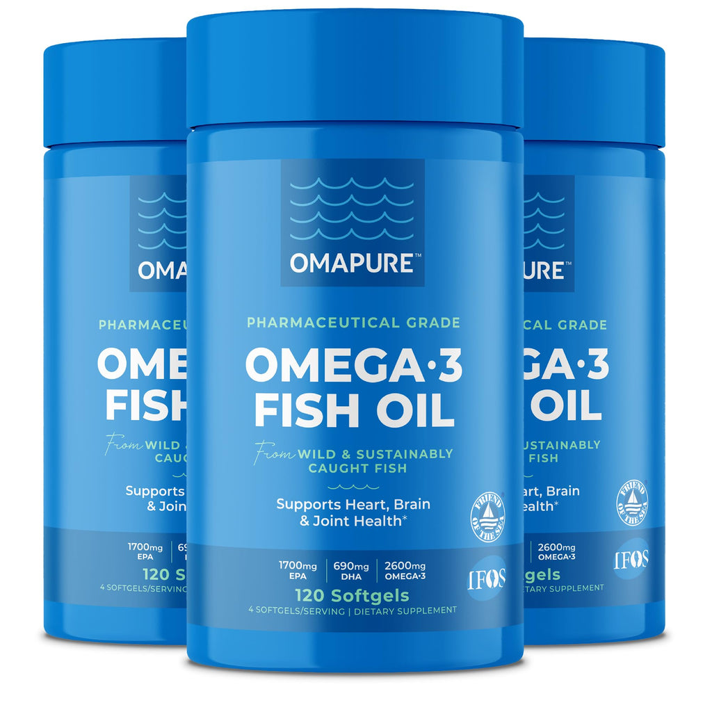 OMAPURE Fish Oil Supplements with Omega 3 Fatty Acids (3 Bottles, 120 Softgels) - High EPA, DHA, & IFOS Fish Oil Pills Support Heart & Joint Health - Burpless Fish Oil Promotes Brain Function