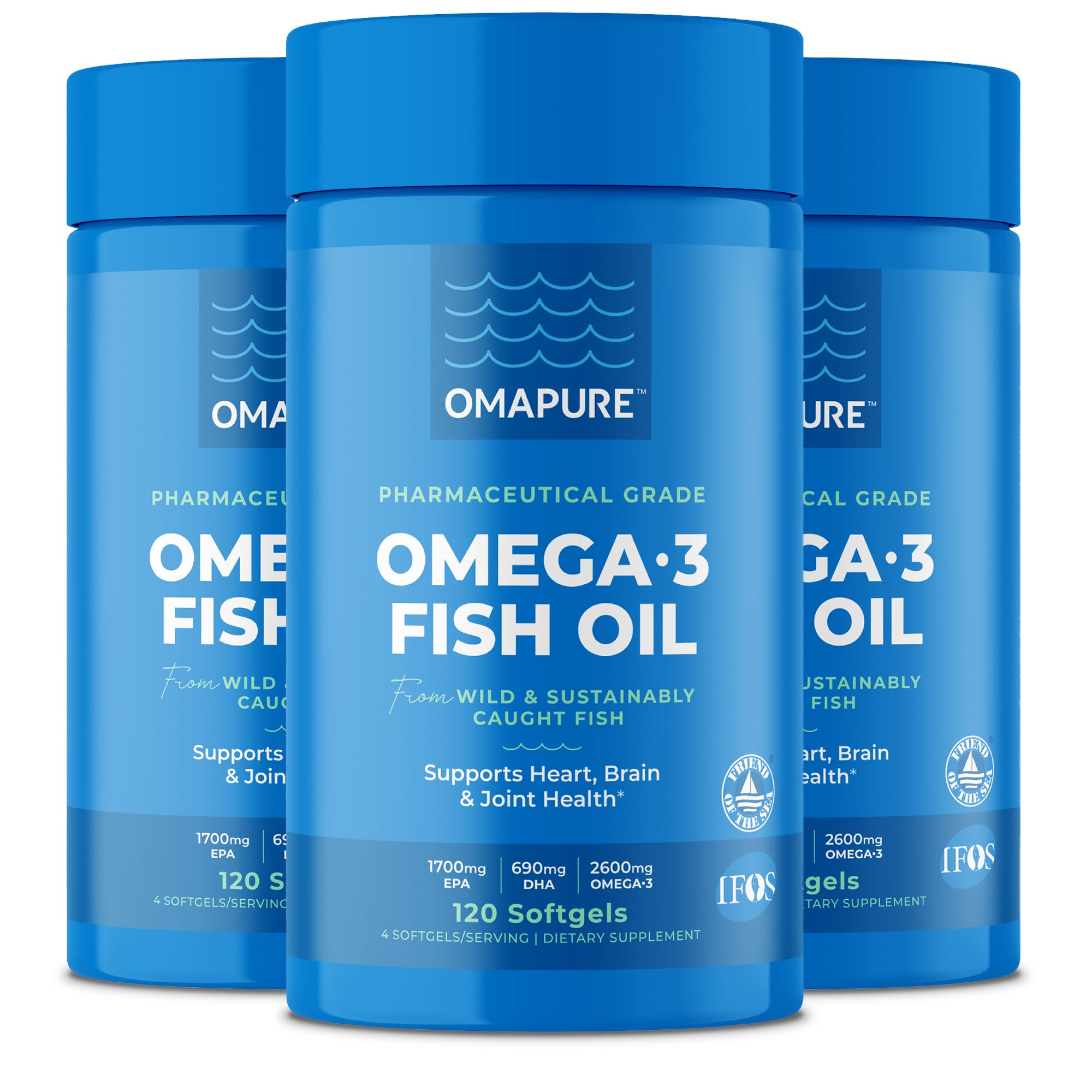 OMAPURE Fish Oil Supplements with Omega 3 Fatty Acids (3 Bottles, 120 Softgels) - High EPA, DHA, & IFOS Fish Oil Pills Support Heart & Joint Health - Burpless Fish Oil Promotes Brain Function
