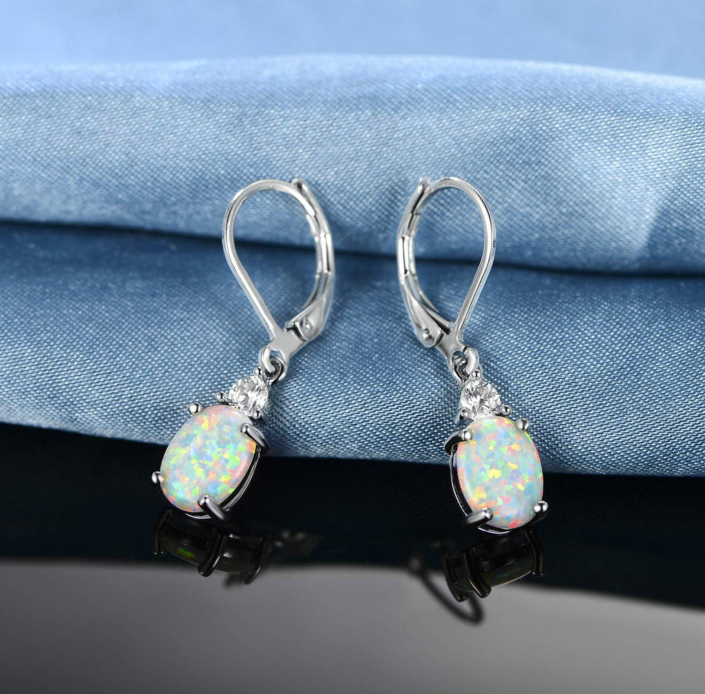 Gemsme 18K White Gold Plated Created Opal and Cubic Zirconia Dangle Earrings for Women