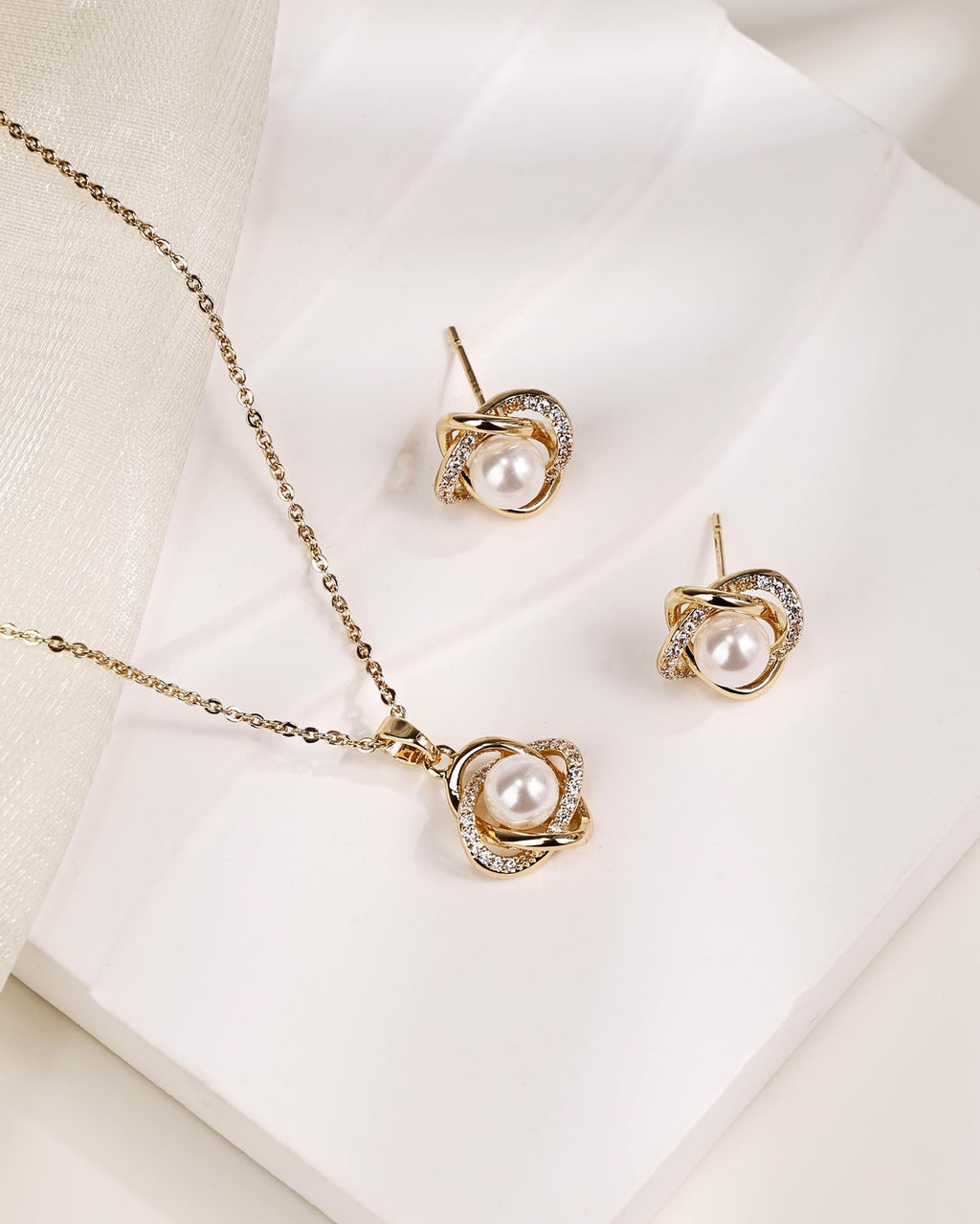 Teppdfann 14K Gold Plated Pearl Jewelry Set for Women - Matching Pearl Necklace and Earring Set with Wrapped Design, June Birthstone Jewelry Set for Gift