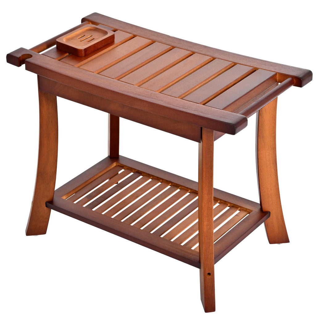 Jekruiet Teak Shower Chair Stool, 24" Shower Bench Seat, Wooden Bathroom Bench with Storage Shelf for Indoor & Outdoor Use