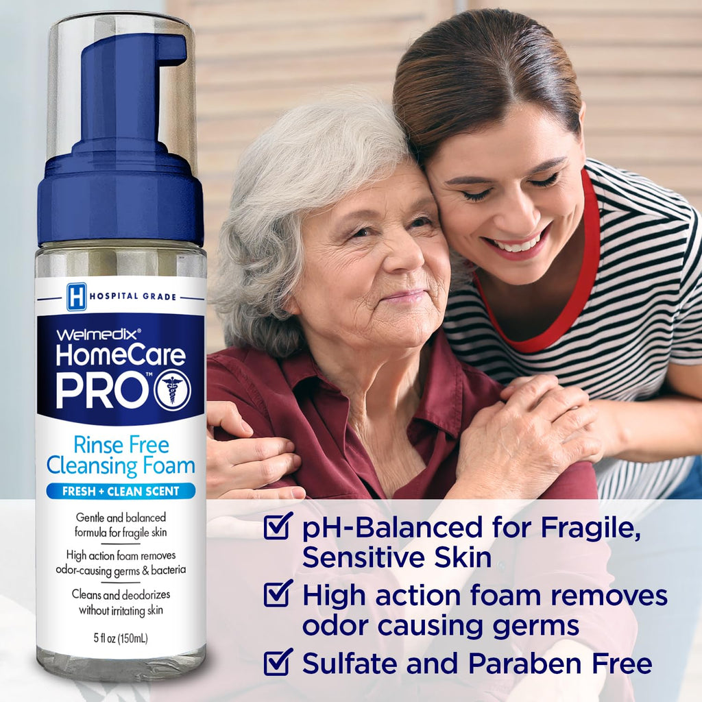 Welmedix HomeCare PRO No Rinse Body Wash Cleansing Foam, Easier Cleansing for Caregivers Managing Incontinence, Pressure ulcers, bedsores + use with Adult Wipes, Disposable washcloth (5oz)