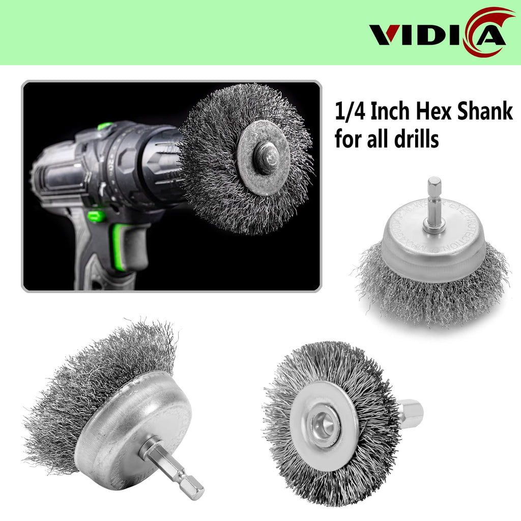 VIDICA Wire Brush Set 20 Pcs, 1/4 Inch Hex Shank Wheel for Drill, Carbon Steel Brush Set for Cleaning Rust