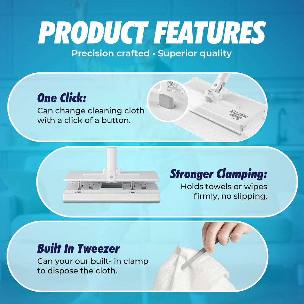 CleanMattix - FlexiClamp Sweep & Mop Kit - Compatible with Swiffer Pads, Durable Cleaning Tool for Hardwood, Tile, Marble & Laminate Floors, Home, Kitchen Cleaning Essentials. (Include 10 Dry Cloths)