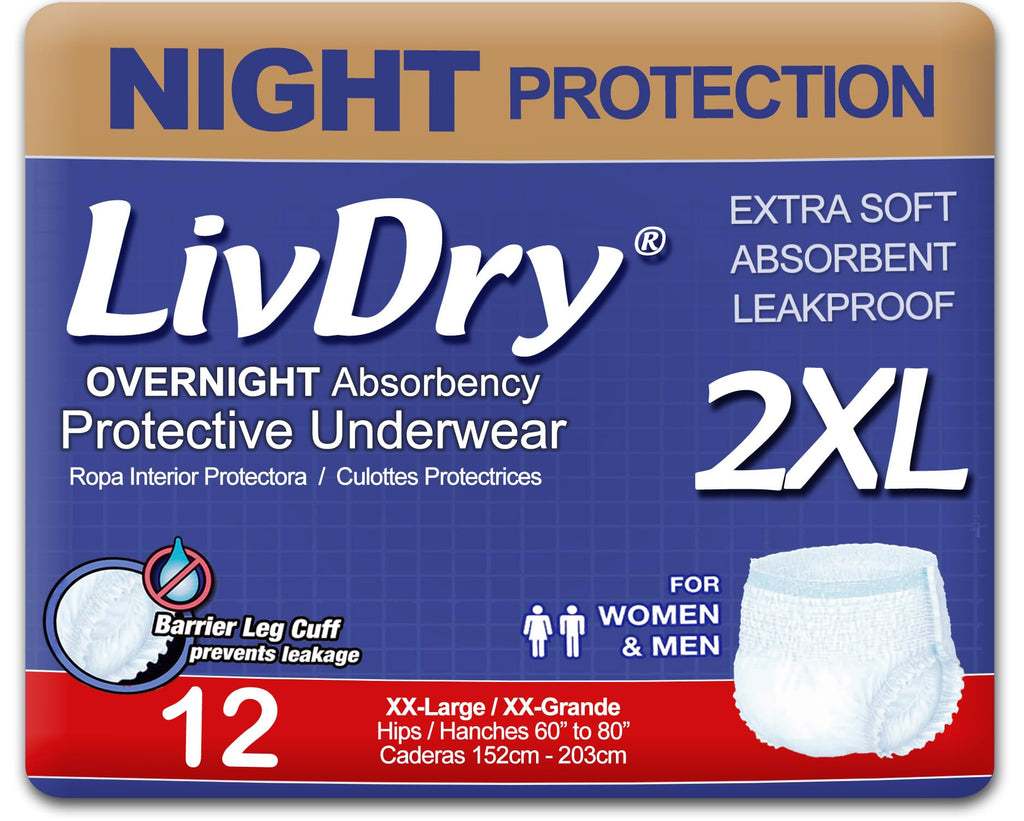 LivDry 2XL Overnight Adult Diapers for Women and Men, XXL Incontinence Underwear, 60”-80" Waist, Disposable Pull-On Briefs, XX-Large, 12 Pack