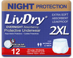 LivDry 2XL Overnight Adult Diapers for Women and Men, XXL Incontinence Underwear, 60”-80" Waist, Disposable Pull-On Briefs, XX-Large, 12 Pack