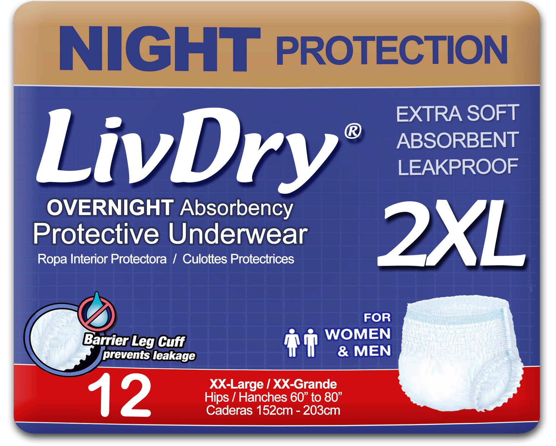 LivDry 2XL Overnight Adult Diapers for Women and Men, XXL Incontinence Underwear, 60”-80" Waist, Disposable Pull-On Briefs, XX-Large, 12 Pack