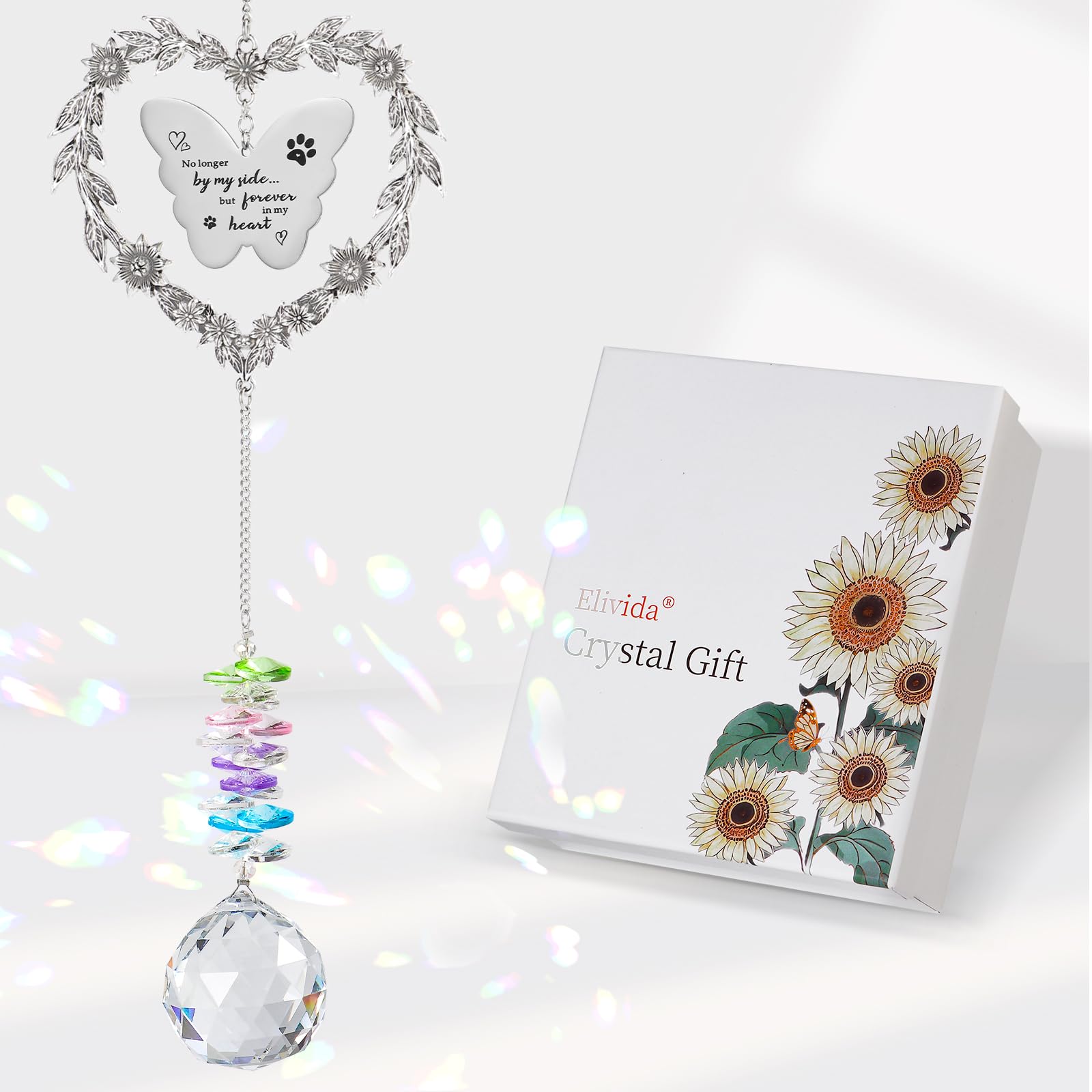 Elivida Dog Memorial Gifts for Loss of Dog, Pet Sympathy Suncatcher with Personalized Words, Cat Death Remembrance Gift for Pet Lovers, Heart Shaped Cat Bereavement Ornament with Sympathy Card