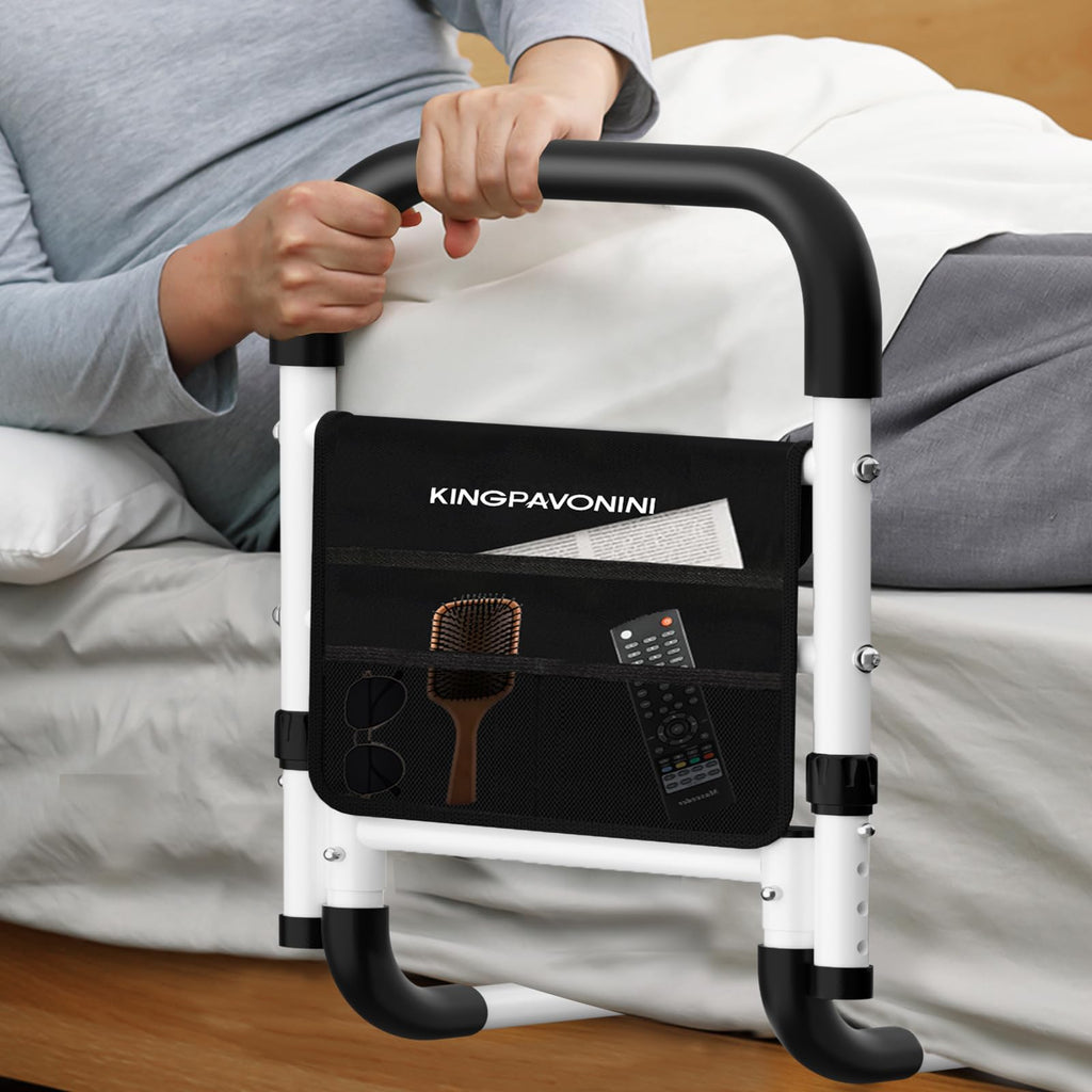 KingPavonini Bed Rails for Elderly Adults Safety - Adjustable Bed Cane with Non-Slip Ergonomic Handle and Storage Pocket, Bed Railings for Seniors Hold up to 350 Lbs, Tool-Free Installation