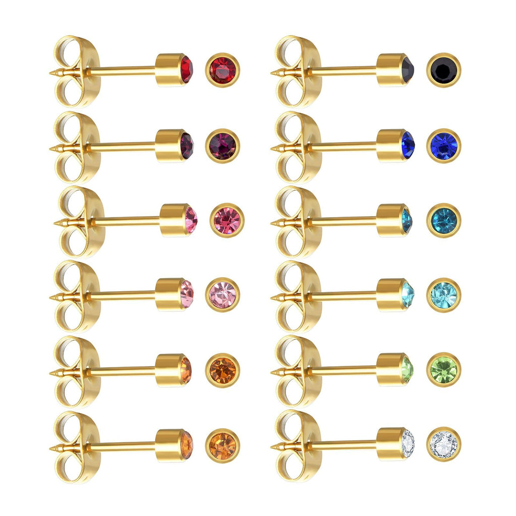 JUSTJANDM 12 Pairs Ear Piercing Stud Earrings for Ear Piercing Guns, Surgical Stainless Steel Multicolor Round Heart Star Cubic Zirconia Birthstone Stud Earrings Set (Gold round 4mm)