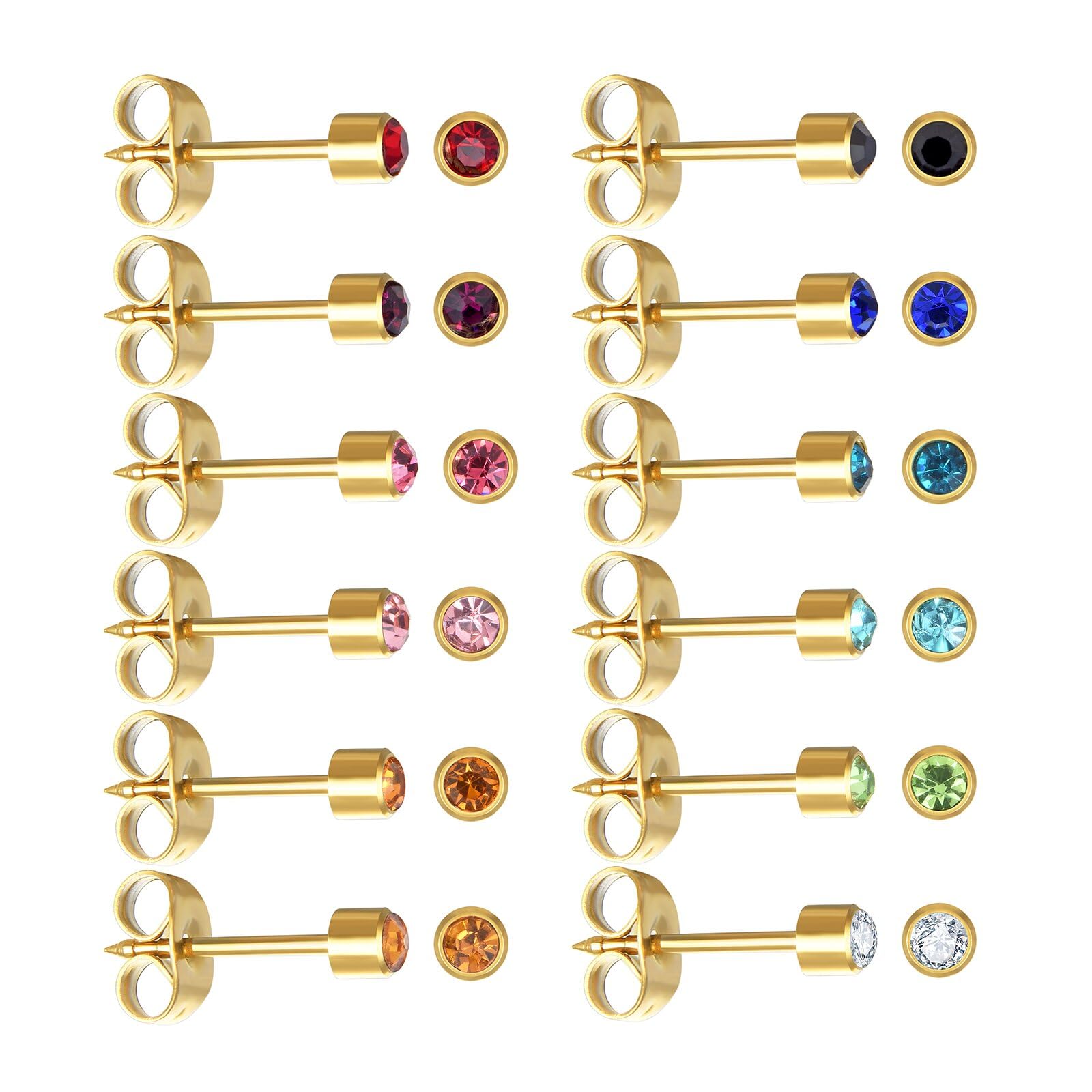 JUSTJANDM 12 Pairs Ear Piercing Stud Earrings for Ear Piercing Guns, Surgical Stainless Steel Multicolor Round Heart Star Cubic Zirconia Birthstone Stud Earrings Set (Gold round 4mm)