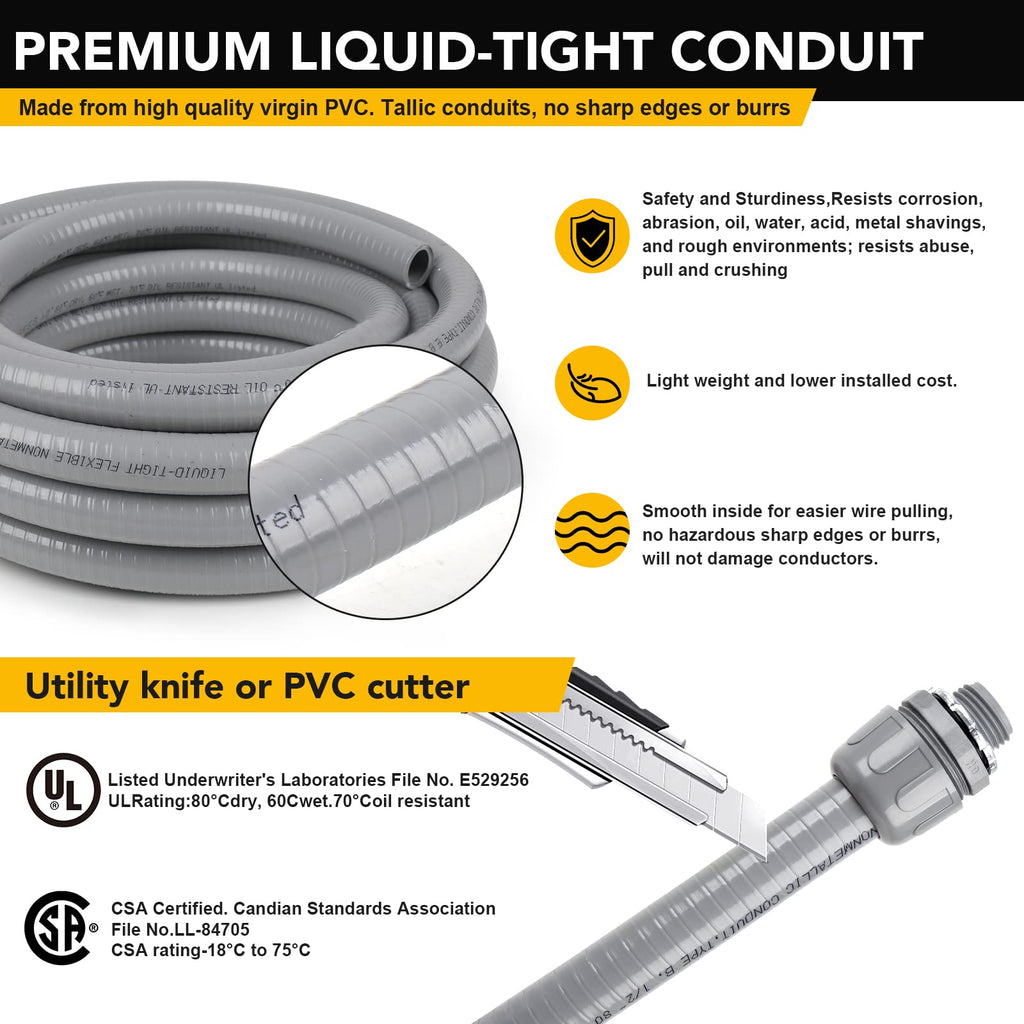 Elecoman 3/4inch 50ft Liquid-Tight Conduit and Connector Kit,Flexible Non-Metallic Liquid Tight Electrical Conduit Kit with 5 Straight and 3 90-Degree Connector Fittings,3/4 in. Dia