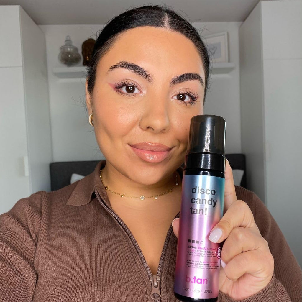 b.tan Large Candy Scented Self Tanner Mousse | Party Size Disco Candy Tan - Best, 1 Hour Express Dark Sunless Tanning Foam, Sweat-Proof & Transfer Resistant Fake Tan, Cruelty Free, 10.1 Fl Oz