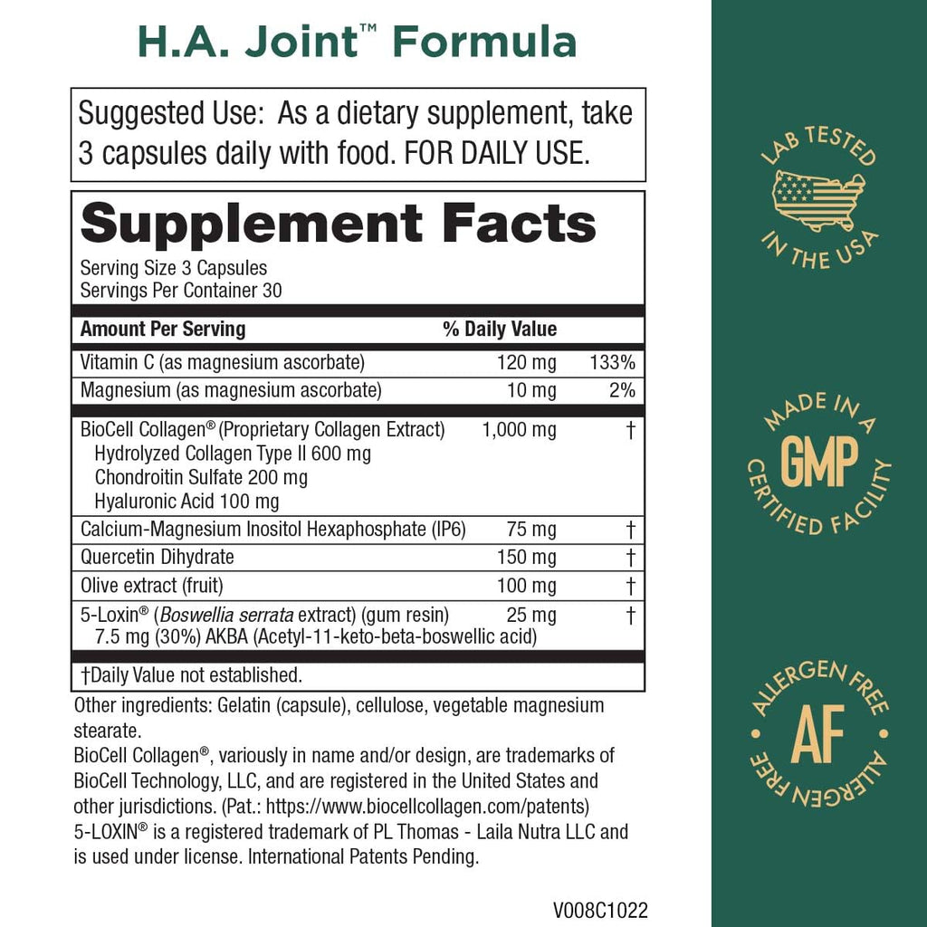 Purity Products HA Joint Formula Hyaluronic Acid + Key CoFactors - Joint + Skin Multi Collagen (Type I, II & III) - 5-Loxin - Olive Fruit Extract - Joint Flexibility + Mobility - 90 Capsules (3)