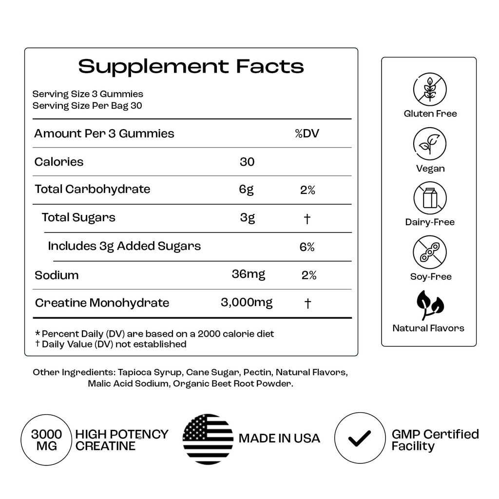 Creatine Monohydrate Gummies - Supports Muscle Growth, Recovery & Brain Function - Convenient & Easy to Take - Great Tasting Watermelon Flavor - 1g per Gummy, Low Sugar - 90 Count