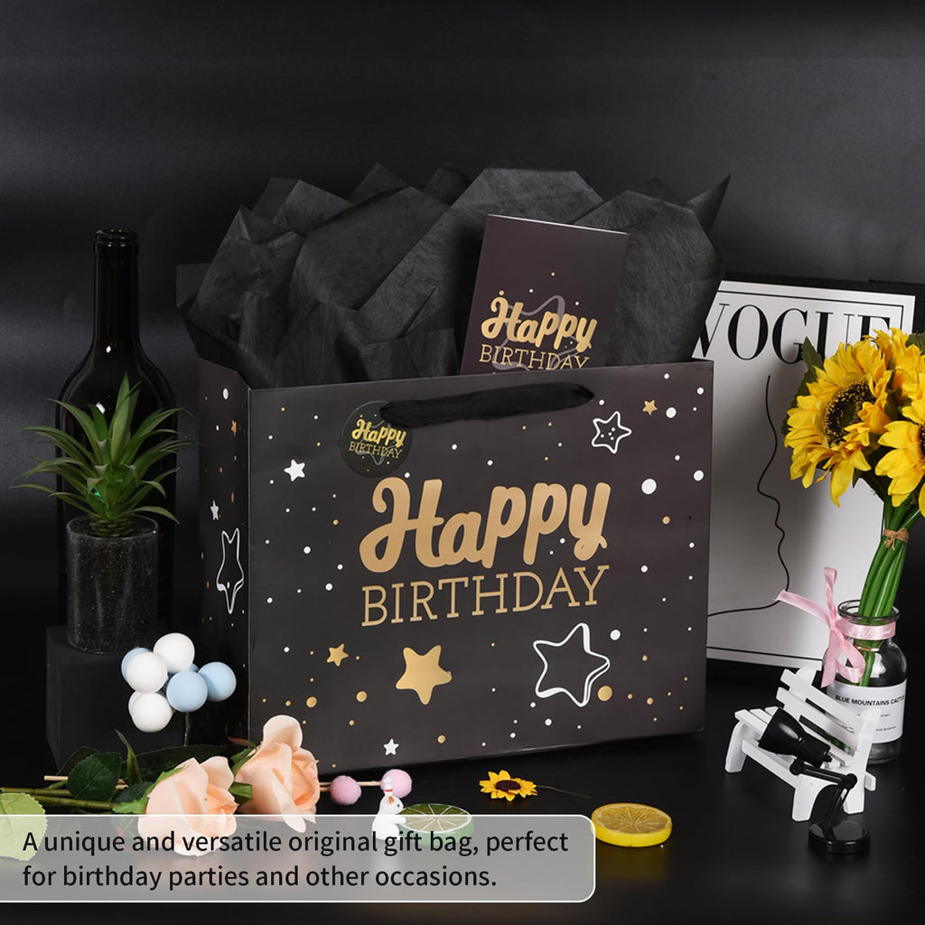 Powbrace 13" Pink + Black Happy Birthday Gift Bag with Tissue Paper and Greeting Card for Party,Happy Birthday Gift Bag for Men Women, Gift Bags Medium size(2 PCS Pink & Black)