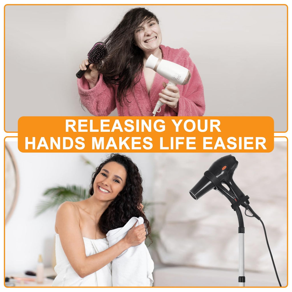 Erytlly Hair Dryer Stand Hands-Free Adjustable 360-Degree Rotating Blow Dryer Stand Hands-Free Metal Hair Dryer Holder Stand for Bathroom, Vanity, Makeup Room New Model Equipped with Two Collets