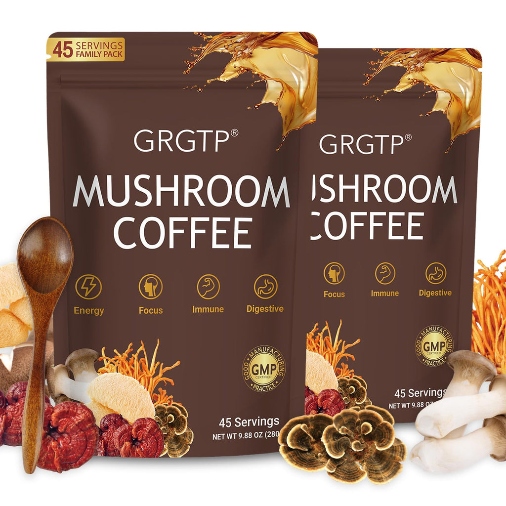 GRGTP Mushroom Coffee - Superfood Blend with 6 Adaptogens Jitter-Free Energy, Enhanced Focus, Digestion & Immunity Support | 90 Servings, Vegan, Gluten Free, Non-GMO | Smooth Flavor