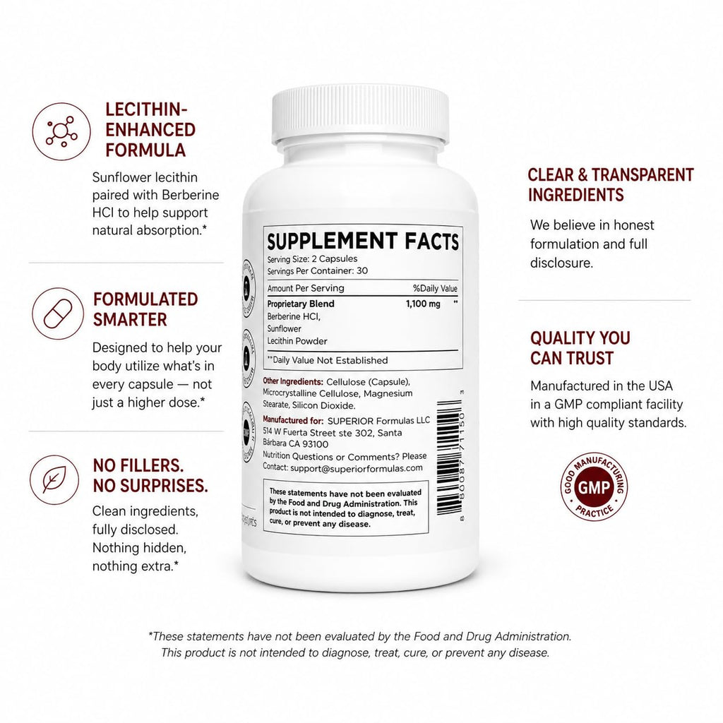 Superior Formulas Berberine+ 1,000mg | Physician Formulated with Sunflower Lecithin for Absorption Support | NSF GMP Certified | Made in the USA | No Fillers | 60 Capsules