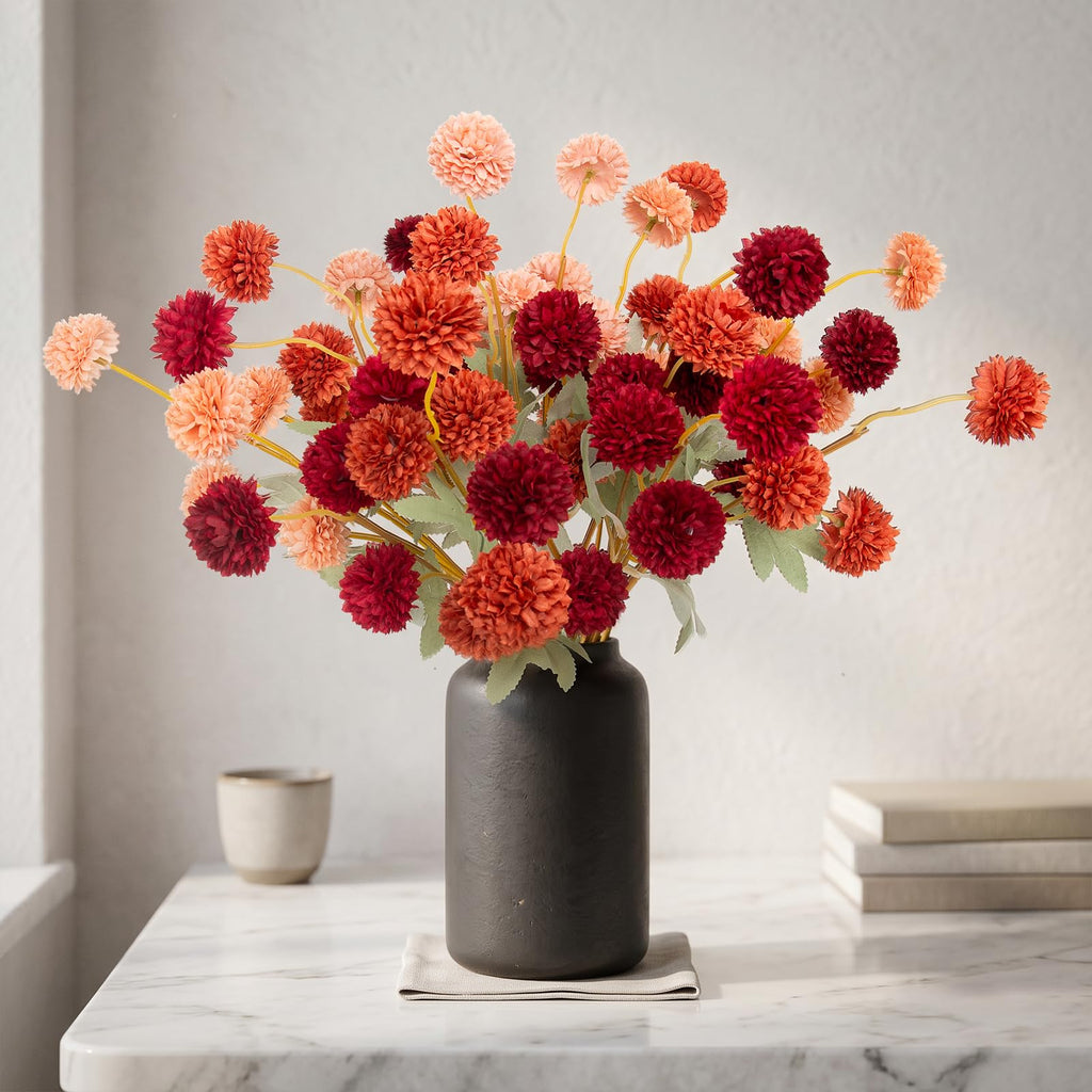 Hananona 12 Pcs Artificial Chrysanthemum Flowers, Orange Kiku Pom Pom Mums Flower Faux Fall Floral for Autumn Halloween Kitchen Table Centerpiece Home Decor (12, Burgundy, Burnt Orange, Deep Peach)