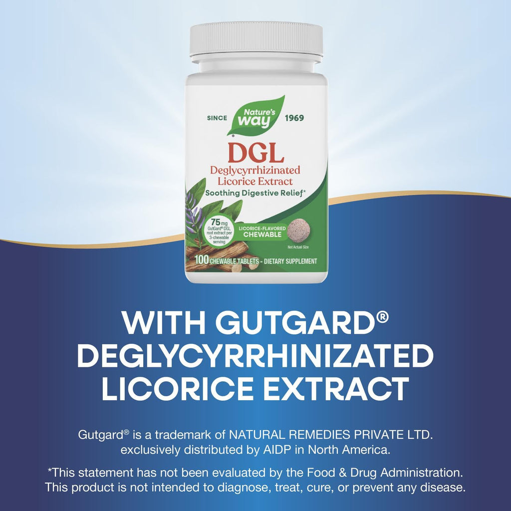 Nature's Way DGL Chewable Tablets, Soothing Digestive Relief*, For Occasional Stomach Upset*, Deglycyrrhizinated Licorice Extract, Gluten Free, Licorice Flavored, 100 Tablets (Packaging May Vary)