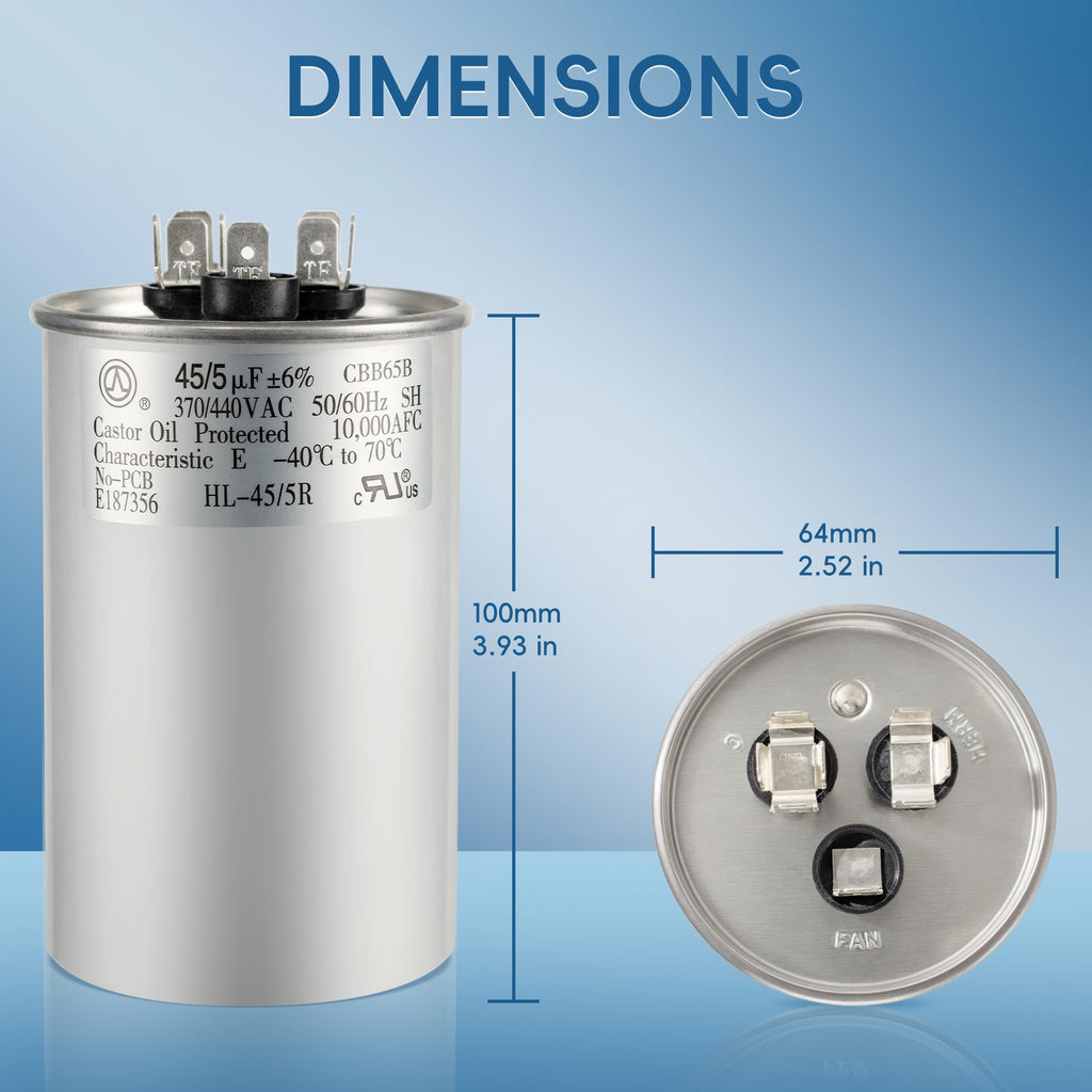 QYCKFIXR AC Capacitor 45+5 uF 45/5 MFD ±6% 370V/440VAC CBB65 Dual Run Circular Start Capacitor for Heat Pump Air Conditioner，Ten Years of Coverage