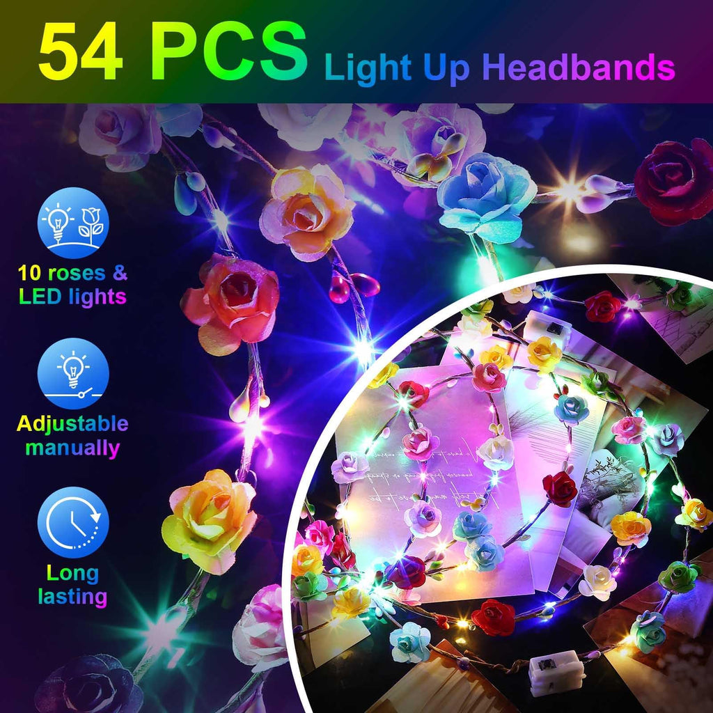 HONLYNE 54 PCS LED Flower Crown Headbands, Light Up Flower Crowns For Women, Glow in the Dark Headband for Wedding Reception Mardi Gras Cosplay Princess Party Favors Birthday Christmas Halloween