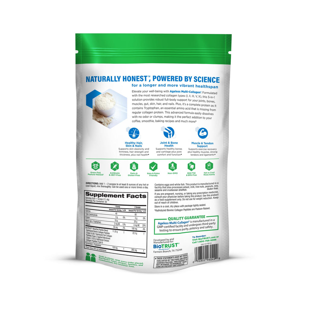 BioTrust Ageless Multi Collagen Peptides Powder - 5 Types (I, II, III, V, X) - Unflavored Collagen Powder for Women & Men - Hydrolyzed Protein - Grass Fed Beef, Fish, Chicken, Eggshell Membrane, 3-pk