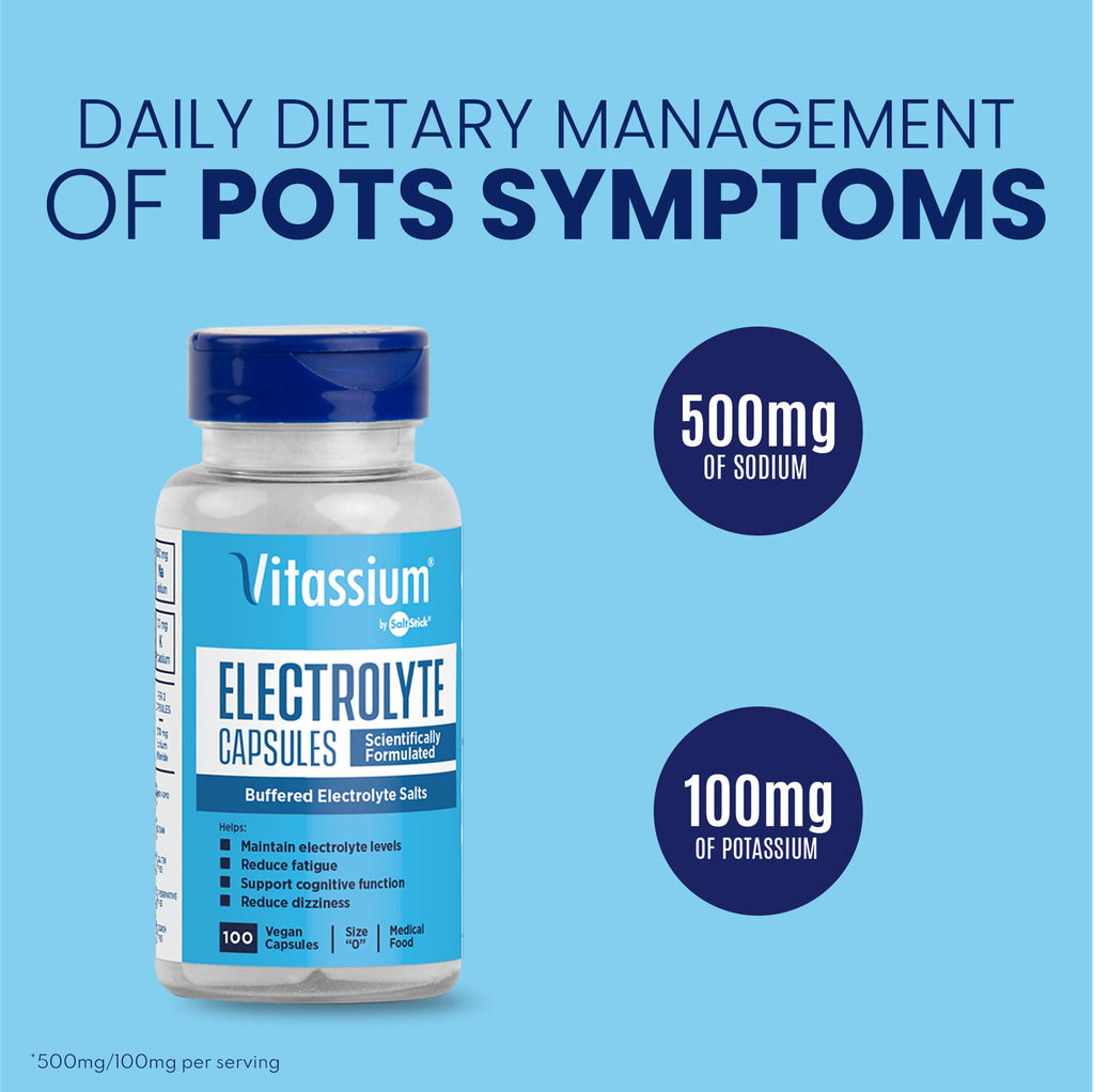 Vitassium Electrolyte Capsules, Electrolytes for The Management of POTS and High Sodium Diets (500mg Sodium - 100mg Potassium), Unflavored, 100 Salt Pills (Size 0)