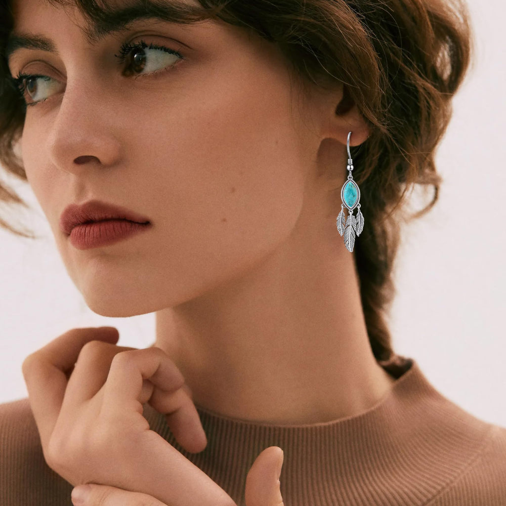 AVECON 2CT Marquise Turquoise Dangle Earrings for Women, Feather Jewelry