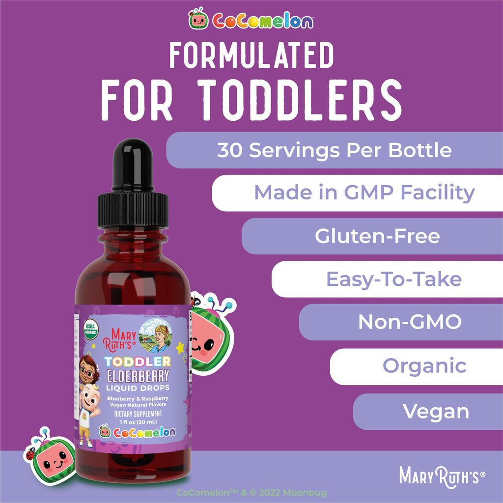 MARYRUTH'S Cocomelon Toddler Elderberry Syrup, USDA Organic Elderberry, Sugar Free Kids Immune Support Supplement for Ages 1-3 Years, Clean Label Project Verified®, Vegan, Gluten Free, 1 Fl Oz