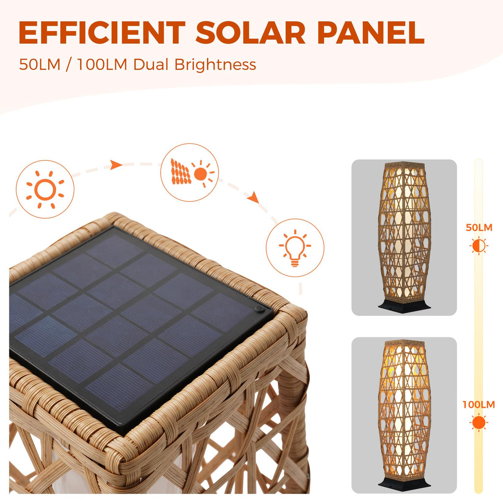 Grand patio 2-Piece Outdoor Floor Lamp Solar Lantern, Water-Resistant Wicker Boho Patio Light with 50/100 Lumens Dual Brightness & Memory Mode for Garden Porch Deck Decor, Large Cindy Natural