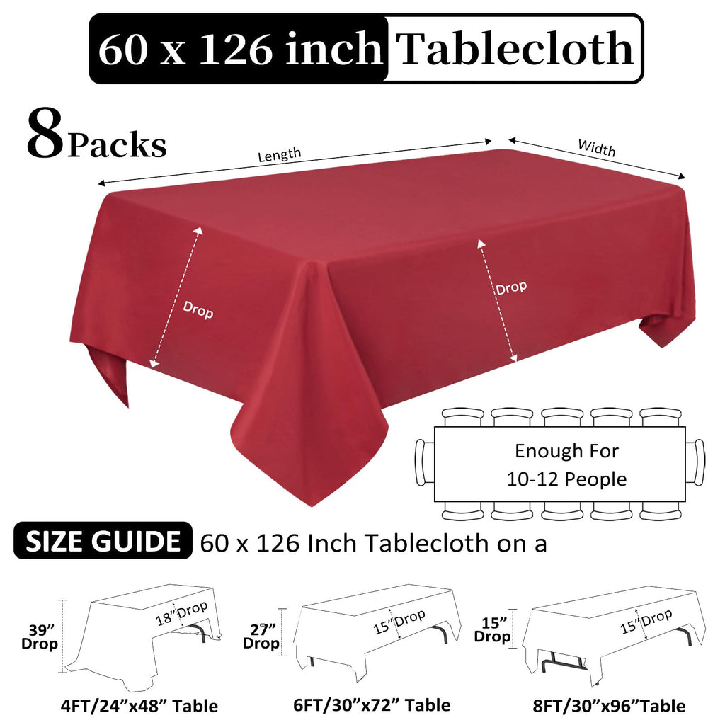 Heneger CozRhythm 8 Pack Red Tablecloth 60 x 126 Inch Rectangular Table Cloth for 8 Foot Rectangle Tables, Wrinkle Resistant Washable Polyester Fabric for Christmas Buffet Wedding Party