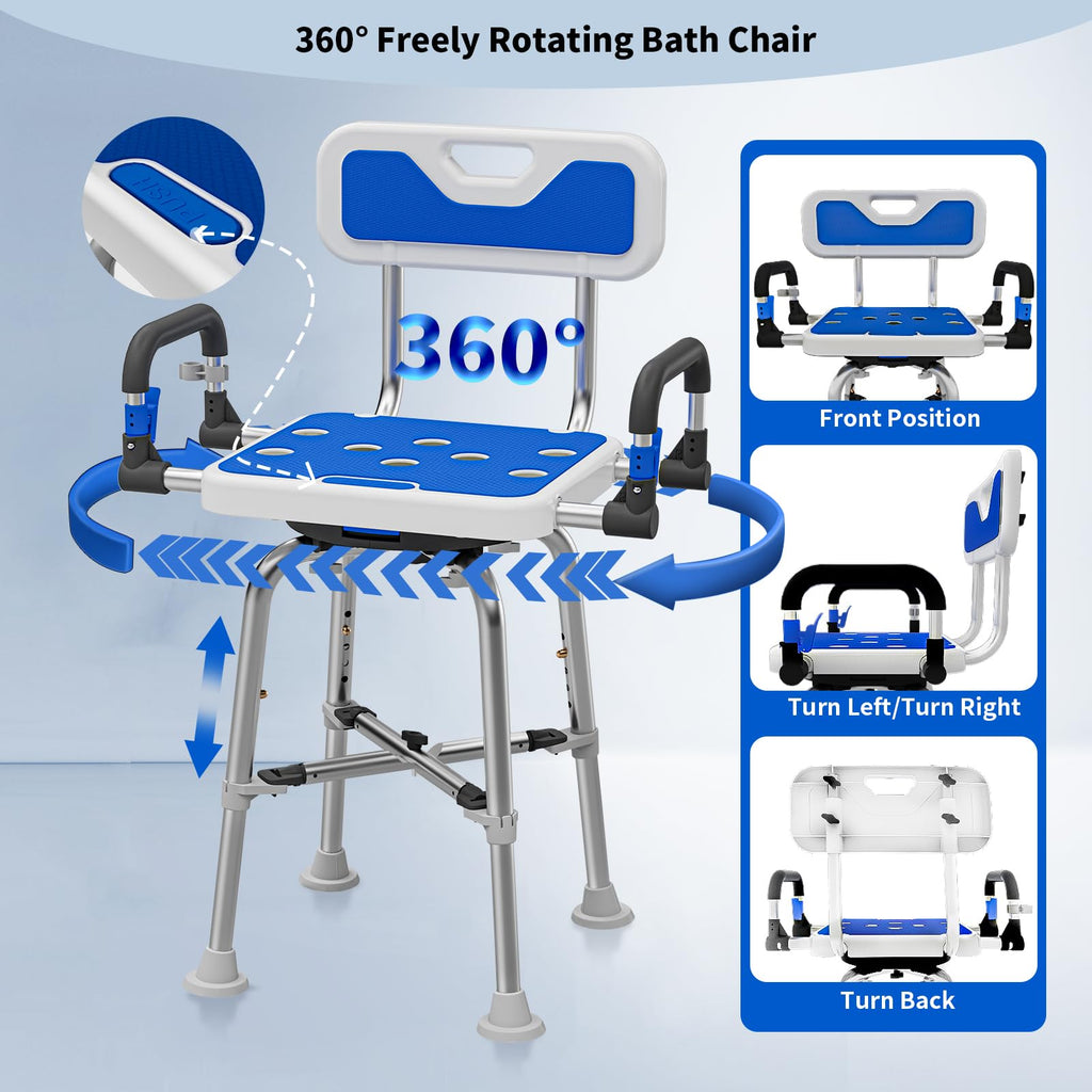Swive Shower Chair with Arms and Back Heavy Duty 500 lbs for Seniors Elderly Disabled or Bariatric Adults Bench Seat for Inside Shower Stall and Bathroom Bath Tub Seats Adjustable Stool