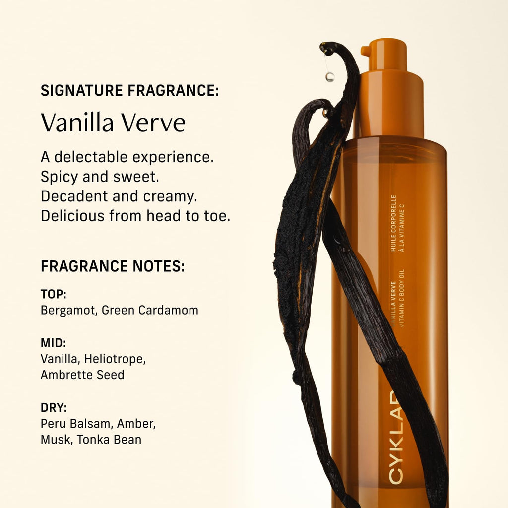 CYKLAR Vitamin C Body Oil for Women and Men. Moisturizing Vanilla Verve Scented Body Serum for Glowing Skin. Nourishing, Hydrating After-Shower and Bath Skin Care Moisturizer, 4.2 Fl Oz