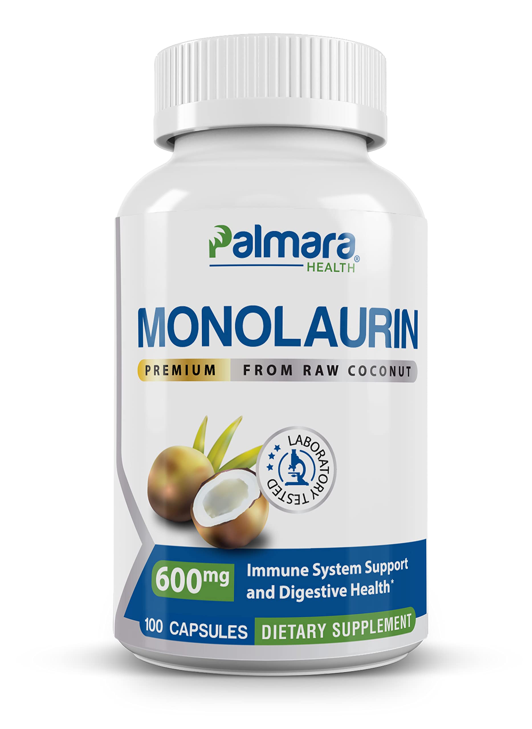 Palmara Health Premium Monolaurin 1,200mg per 2 capusle Serving, 1 Pack (100 Capsules)