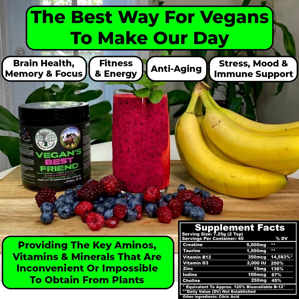 Vegan's Best Friend - Plant Based Multivitamin For Men & Women - Brain, Memory, Energy, Immune, Mood & Stress Support - Replaces 7 Supplements - Creatine, B12, D3, Choline, Zinc, Taurine - 40 Servings