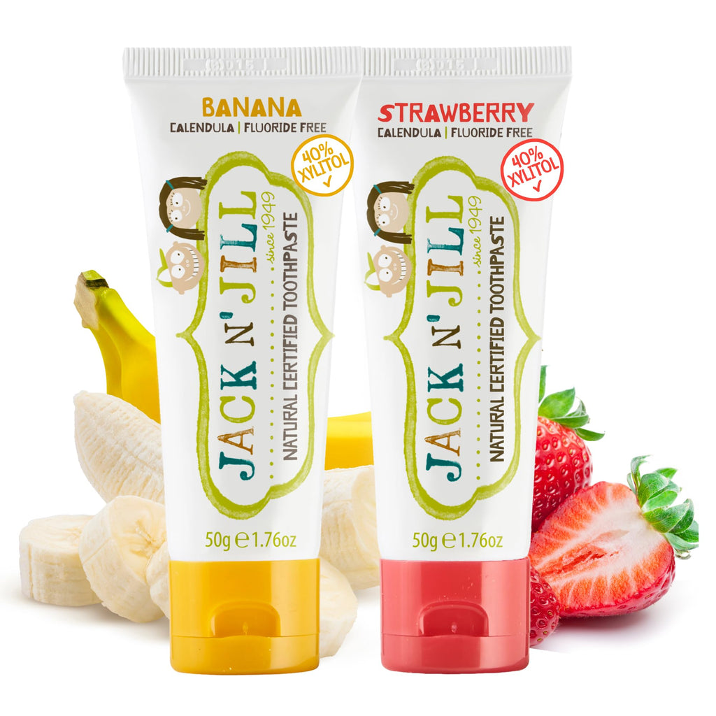 Jack N' Jill Natural Kids Toothpaste - Strawberry & Banana - Organic, Gluten Free, Vegan, BPA Free, Fluoride Free, SLS Free, Dairy Free - Making Toothbrushing Fun for Kids - 1.76 oz (Pack of 2)