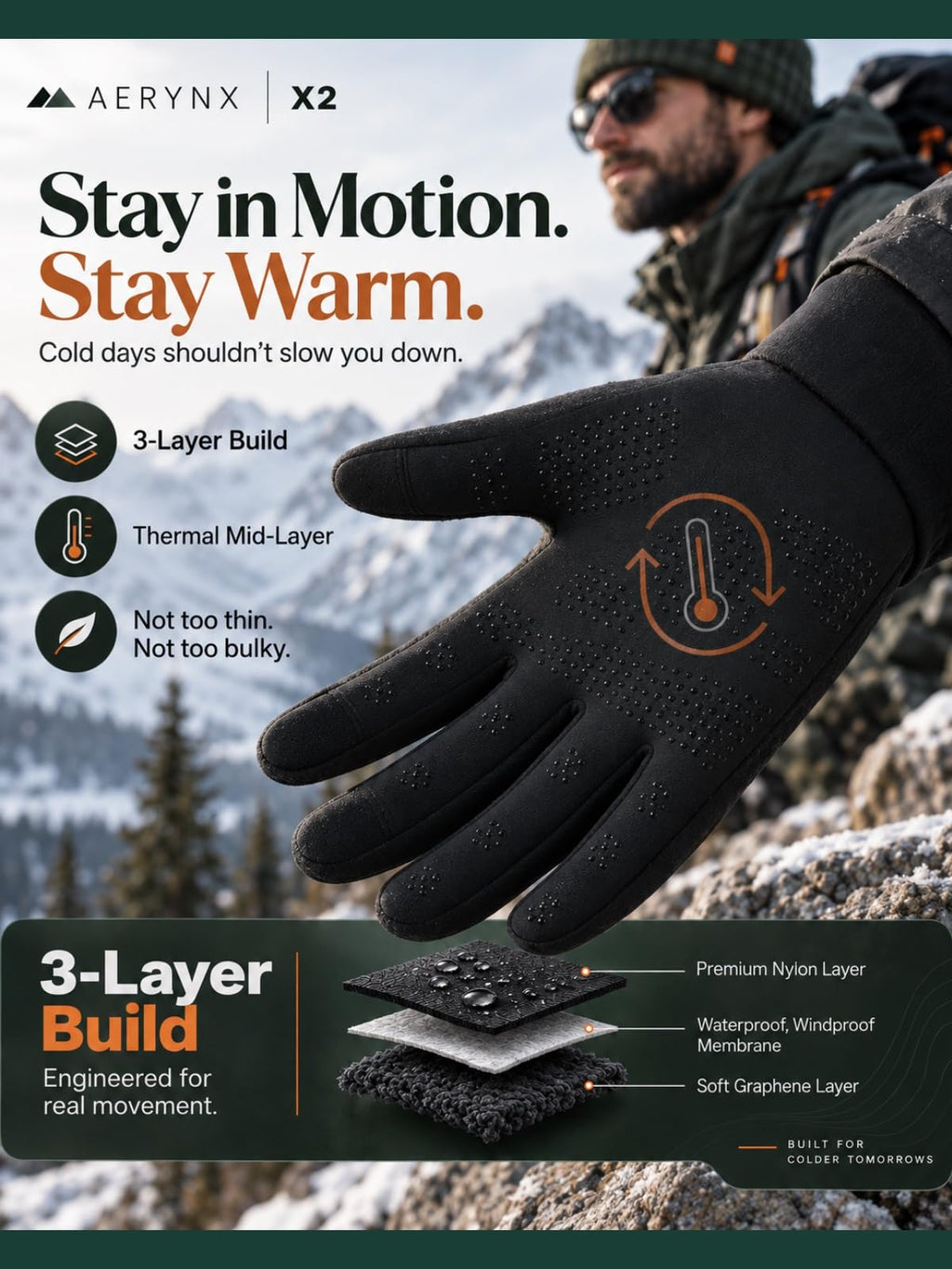 Aerynx Winter Gloves Women Men Cold Weather Thermal Warm Touch Screen 3-Layers Liner Glove, Windproof for Running, Cycling, Biking, Hiking, Driving, Walking, Typing, Gaming X2