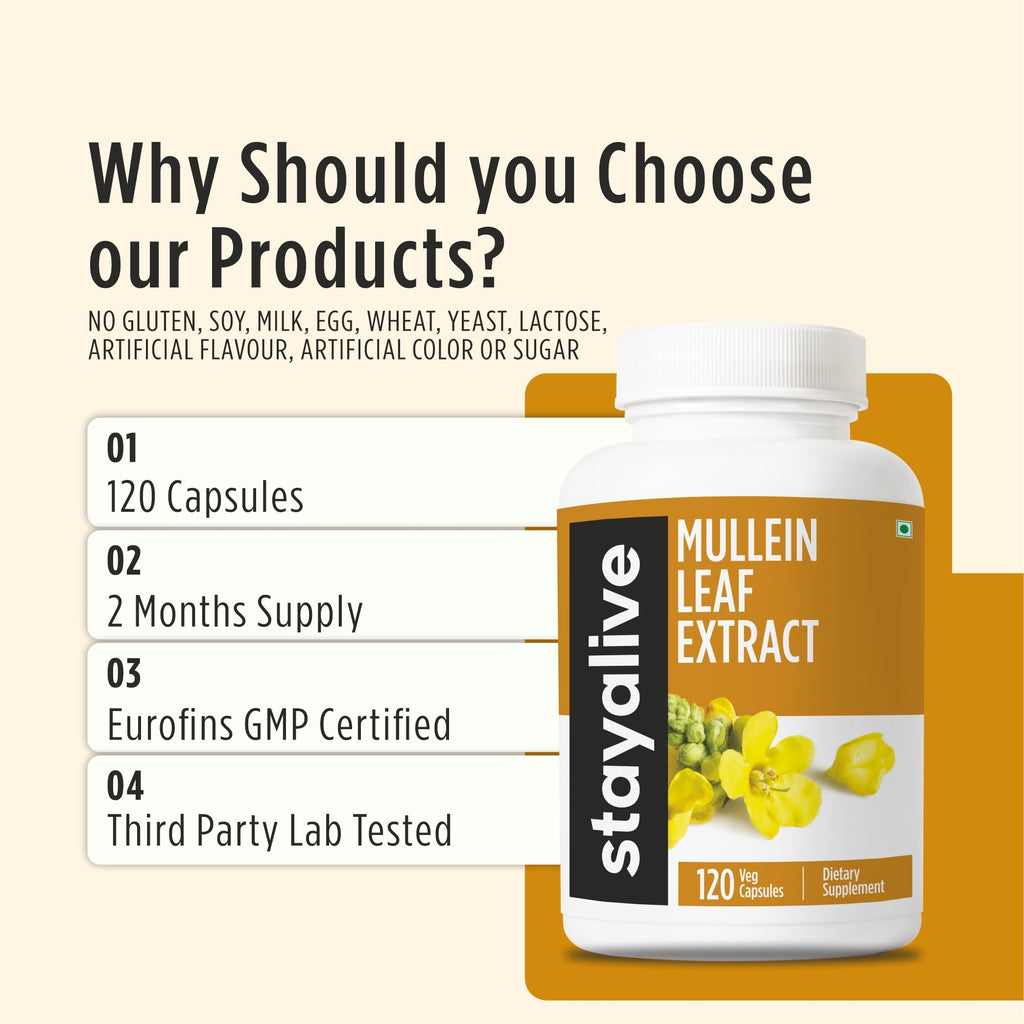STAY ALIVE Mullein Leaf Extract 1000mg, 10:1 Extra Strength, 120 Vegan Mullein Capsules, All Natural, 100% Pure Leaves Powder, 2 Month Supply, Non-GMO and Gluten-Free Supplement