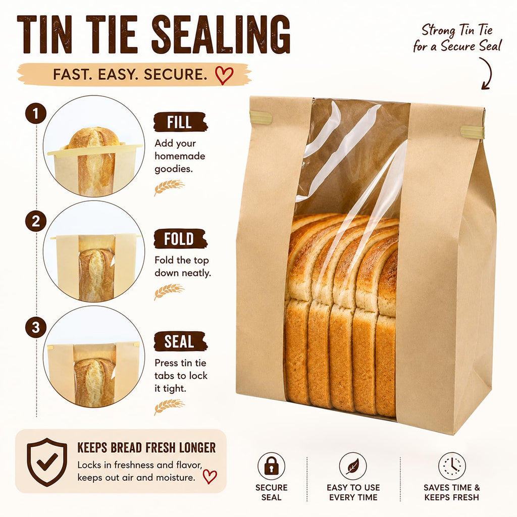 200 Pack Large Paper Sourdough Bread Bags with Tin Tie Tabs & 500 Stickers