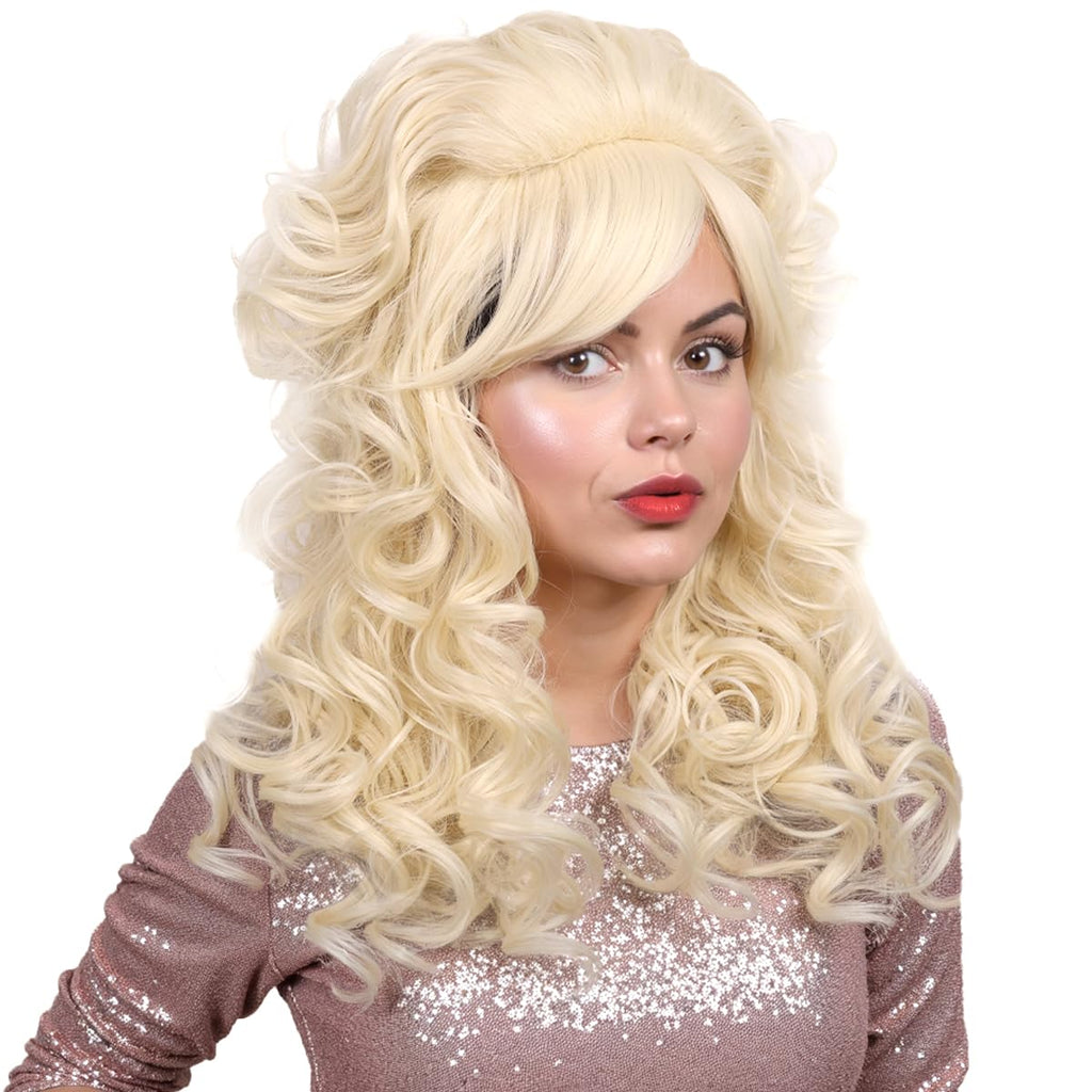 FantaLook Blonde Long Curly Wig with Bangs, Vintage Costume Wig for Women