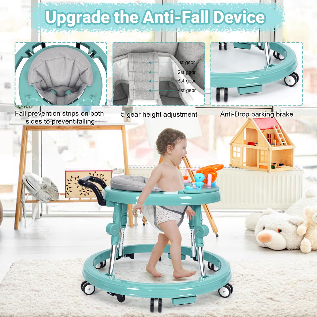 HolyBase Music and Lights Baby Walker Foldable with 9 Adjustable Heights, Baby Walker with Wheels Portable, Infant Toddler Walker for Baby Boy Girls 6-18 Months