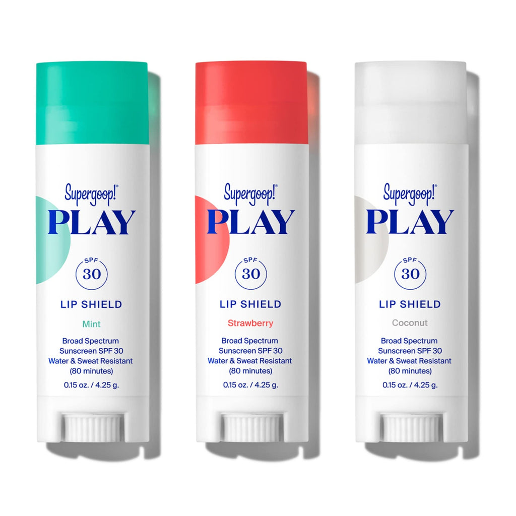 Supergoop! PLAY Lip Shield SPF 30 with Mint, Strawberry & Coconut - 3 Pack - Lip Balm - Moisturizing Treatment For Dry Cracked Lips - Broad Spectrum UV Protection